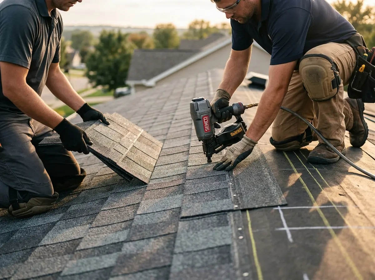 Professional roofer working on a residential roof in Rosemead
